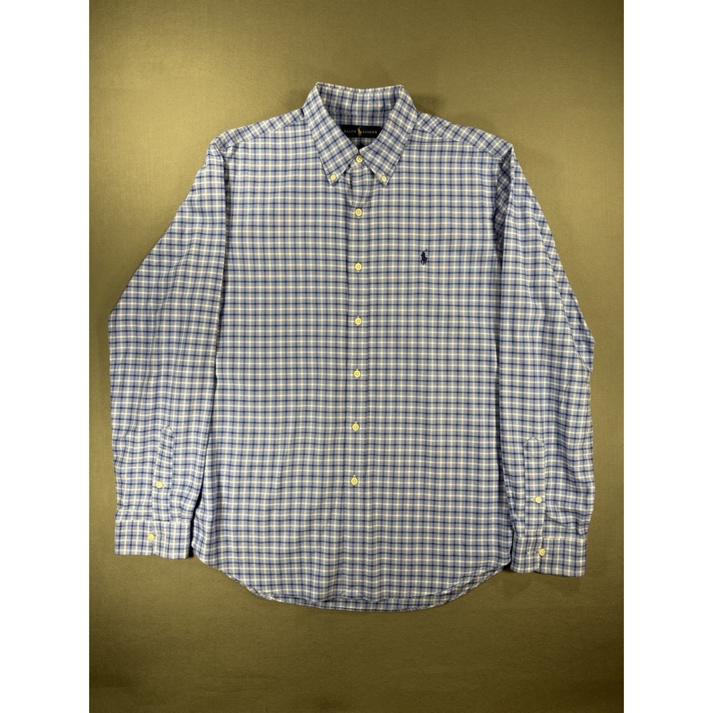 Mens Polo Ralph Lauren Long Sleeve Button Shirt Blue & White Plaid Size L